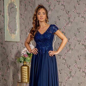 NEW LONG FORMAL A-LINE CHIFFON DRESS WITH SHORT SLEEVES AND BEADED DESIGN GL3450